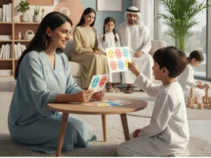 family-and-therapist-using-emotion-cards-to-teach-social-skills