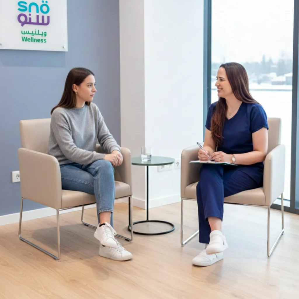 smiling-professional-woman-counselling-patient-in-modern,-comfortable-clinic-setting