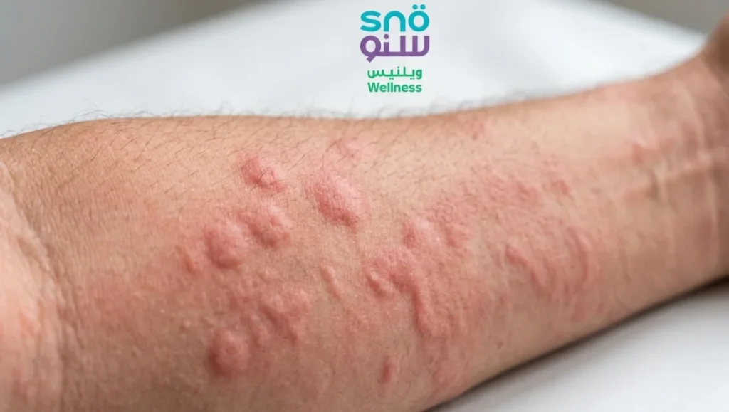 Clinical close-up of urticaria food allergy hives on an arm