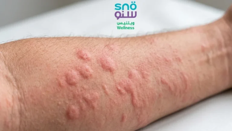 Clinical close-up of urticaria food allergy hives on an arm