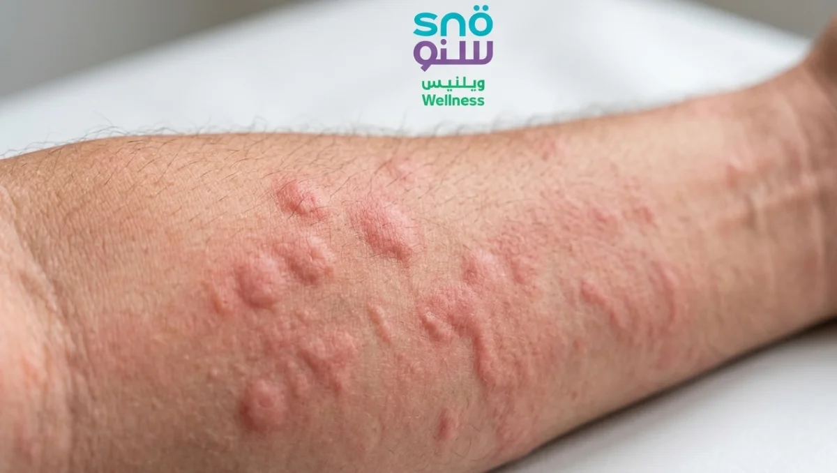 Clinical close-up of urticaria food allergy hives on an arm