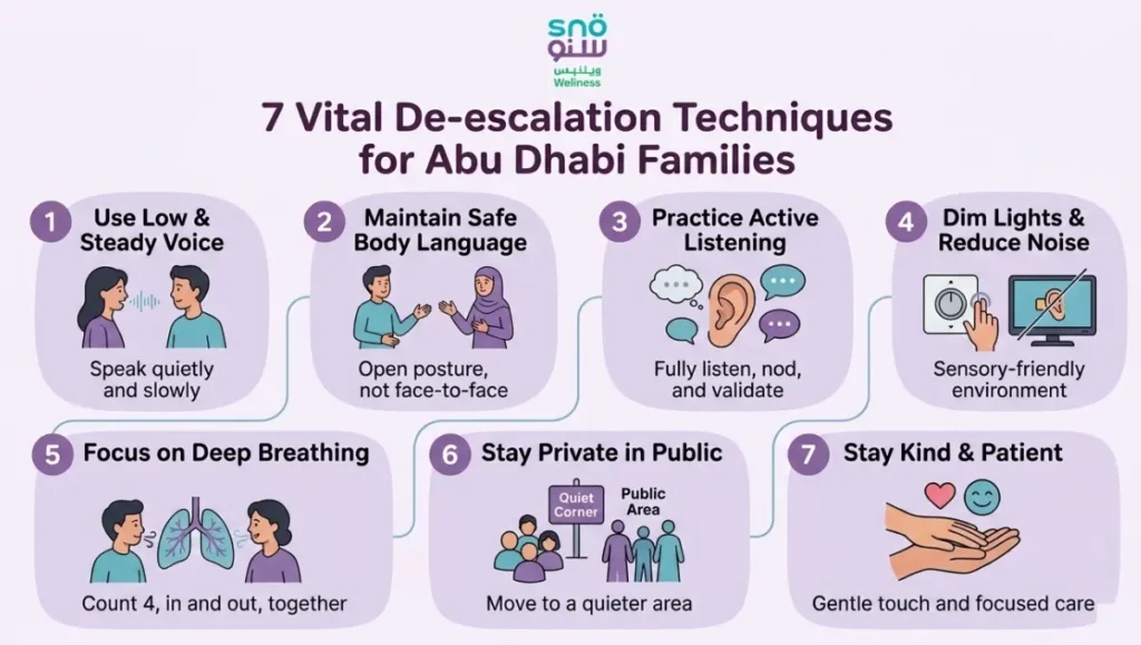 7 vital De-escalation Techniques infographic for Families in Abu Dhabi