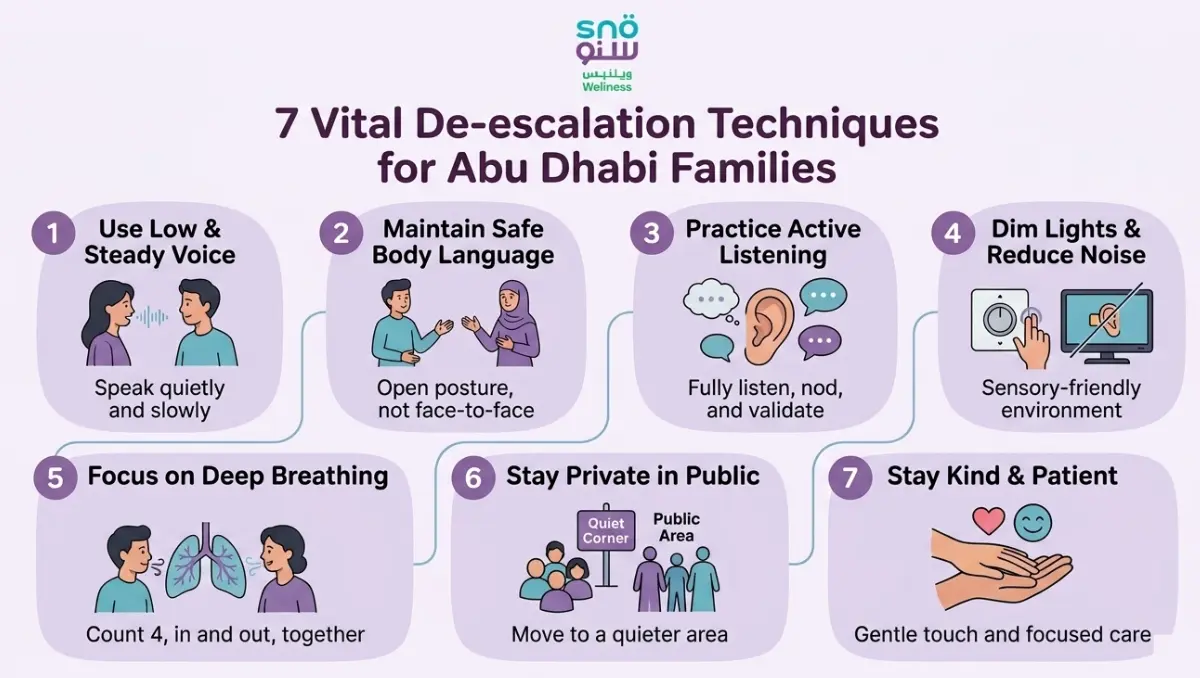 7 vital De-escalation Techniques infographic for Families in Abu Dhabi