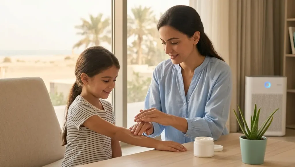 A mother gently applies a soothing skin allergy treatment cream to her daughter's arm