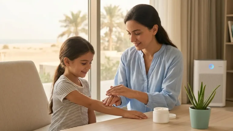 A mother gently applies a soothing skin allergy treatment cream to her daughter's arm