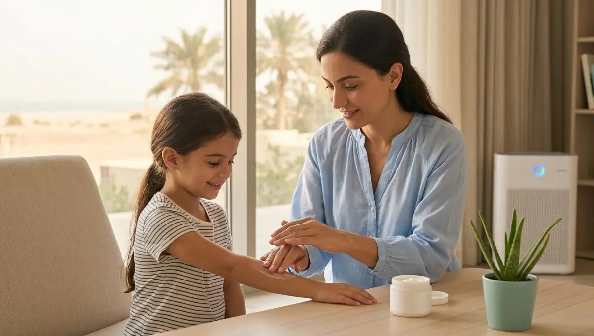 A mother gently applies a soothing skin allergy treatment cream to her daughter's arm