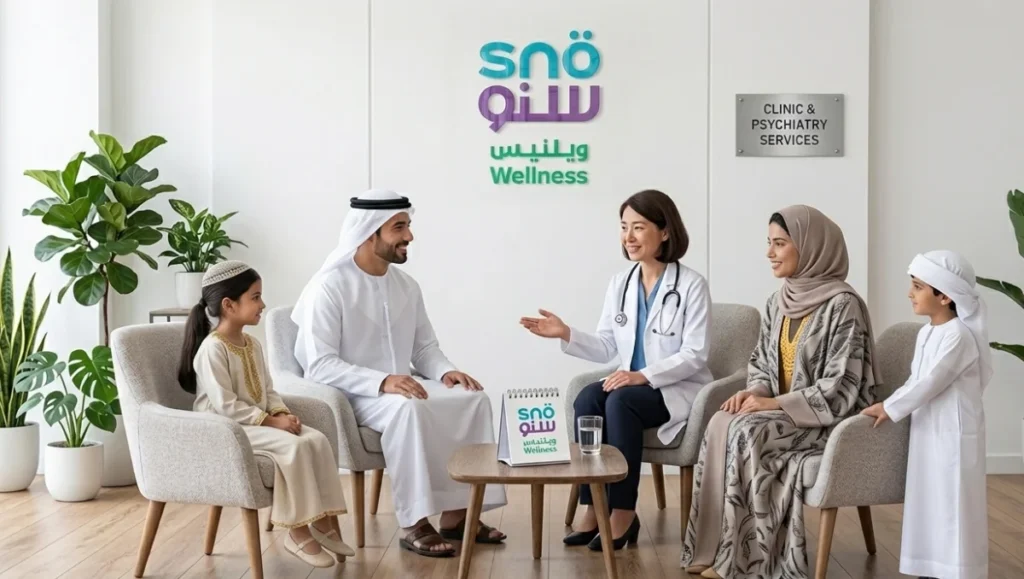 An Arab family consults with a doctor at Snö Wellness to explore effective holistic stress relief strategies for their daily lives.