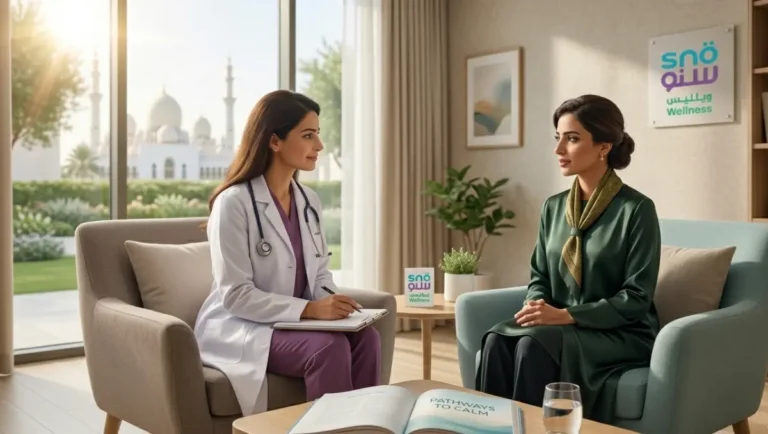Doctor in a white coat with stethoscope speaks with a female patient in a bright wellness clinic lounge by a large window.
