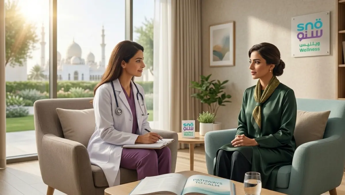 Doctor in a white coat with stethoscope speaks with a female patient in a bright wellness clinic lounge by a large window.