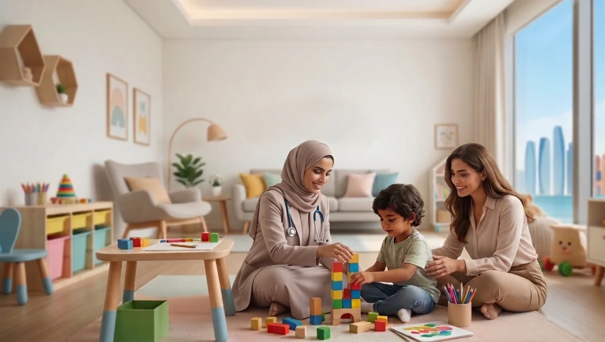 Arab female doctor plays blocks having Child Psychologist Session while mother watches