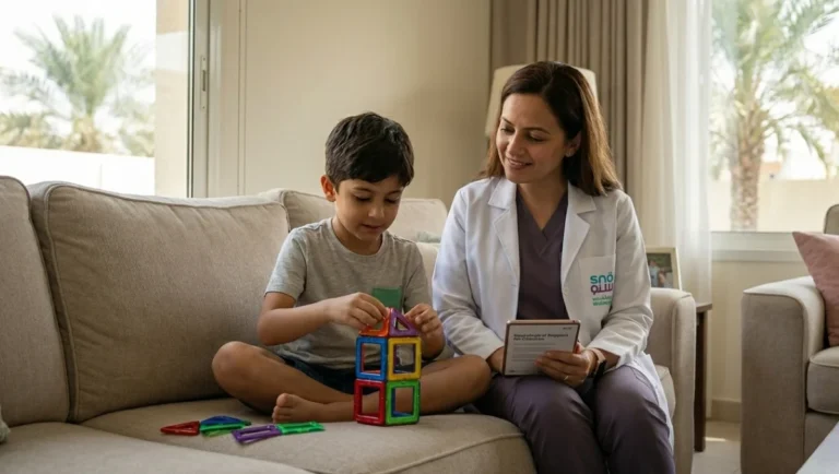 A doctor supports a young boy building with colorful geometric shapes and counselling on Autism And Hyperactivity