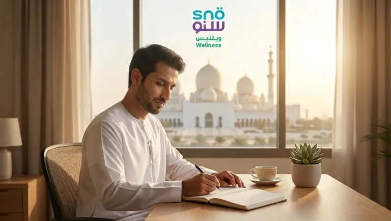 Man looking down toward notebook, accessing Cognitive Behavioral Therapy Exercises at a sunlit desk